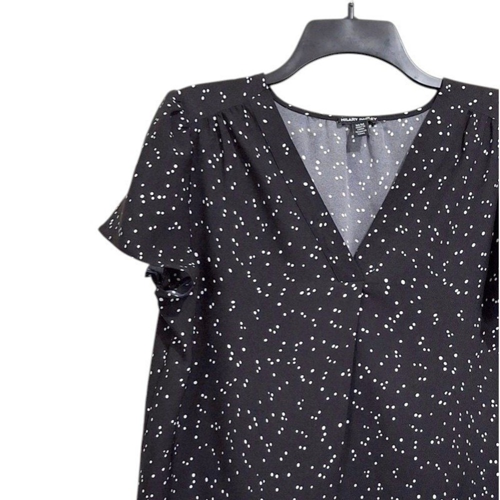 Hilary Radley Top M‎ L Black White Polka Dot V-Neck Short Sleeve Office Blouse